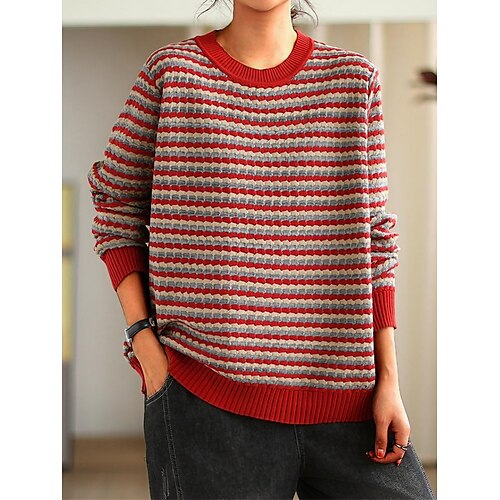 

Women's Pullover Sweater Jumper Crew Neck Ribbed Knit Polyester Stripe Knitted Fall Winter Regular Outdoor Daily Going out Fashion Streetwear Casual Long Sleeve Striped Black Yellow Red One-Size