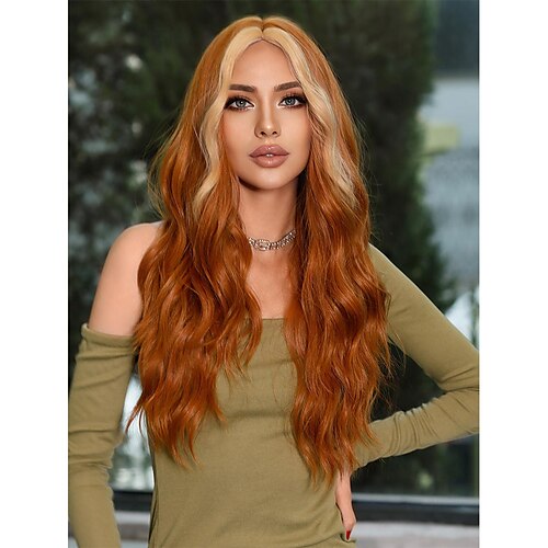 

Ginger orange Wig for Women Daily Cosplay Party Highlight Blonde Natural Middle Part Synthetic Long Hair Wig 24 Inch