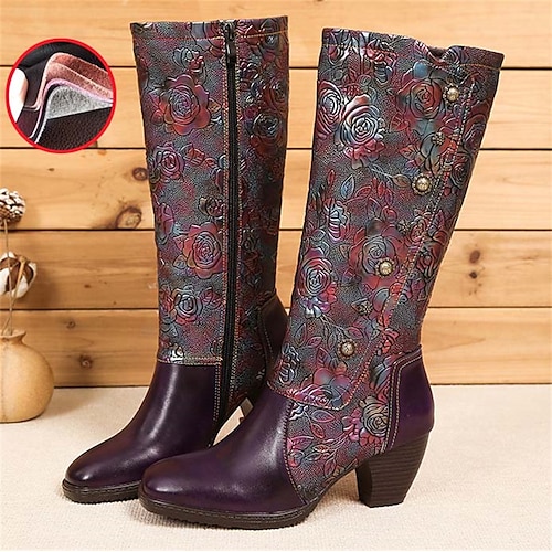 

Women's Boots Button Boots Plus Size Handmade Shoes Daily Floral Knee High Boots Winter Button Kitten Heel Pointed Toe Vintage Casual Comfort Leather Zipper Black Purple