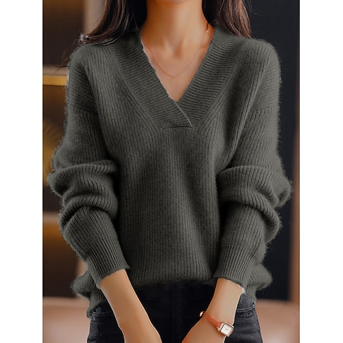 

Women's Pullover Sweater Jumper V Neck Ribbed Knit Polyester Oversized Fall Winter Regular Outdoor Daily Going out Stylish Casual Soft Long Sleeve Solid Color Navy Blue Blue Camel S M L