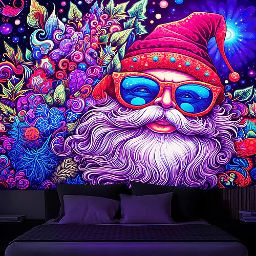 

Tapiz de Navidad de Papá Noel con luz negra, reactivo UV que brilla en la oscuridad, trippy, paisaje natural brumoso, tapiz colgante, mural artístico de pared para sala de estar y dormitorio