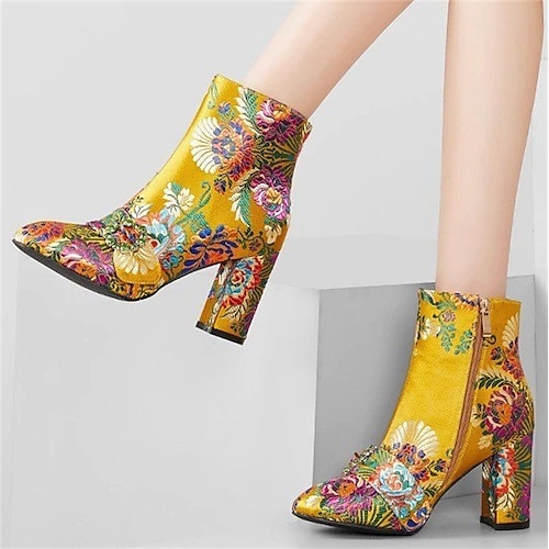 

Mulheres Botas Botas de salto Festa Diário Floral Bloco de cor Botas Botas Tornozelo Inverno Salto Robusto Dedo Apontado Elegante Moda Sensual Seda Poliester zíper Preto Amarelo