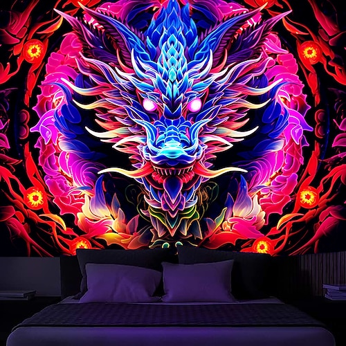  blacklight billedvev uv reaktiv glød i mørket glød party neon trippy tåkete drage dyr hengende billedvev veggkunst veggmaleri for stue soverom