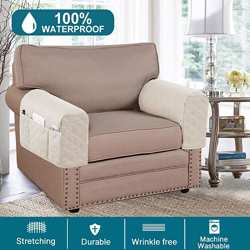 2-Pack Stretch Sofa Armrest Covers – Chair Furniture Protectors – Beige Slipcovers