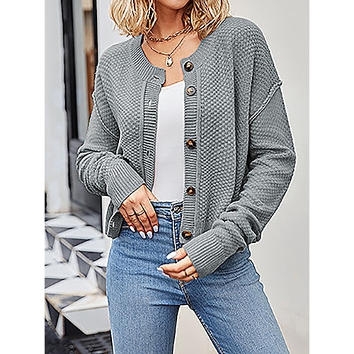 

Mujer Cárdigan Cuello Barco Cable Tejer Acrílico Botón De Punto Otoño Invierno Regular Exterior Diario Noche Moda Ropa de calle Casual Manga Larga Color sólido Negro Verde Trébol Albaricoque S M L