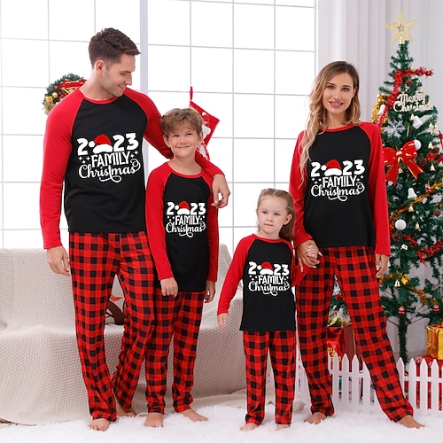 

Famille Noël Pyjamas Plaid Lettre Intérieur Imprimer Noir Rouge Foncé Vin manche longue Tenues maman et moi Actif Tenues assorties