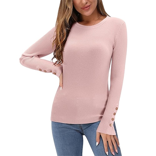 

Women's Pullover Sweater Jumper Crew Neck Ribbed Knit Polyester Button Fall Winter Regular Outdoor Daily Going out Stylish Casual Soft Long Sleeve Solid Color Black White Pink S M L