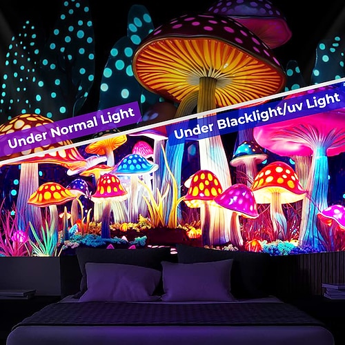  cogumelo fantasia luz negra tapeçaria brilha no escuro festa brilhante uv reativo psicodélico paisagem natural tapeçaria pendurada arte de parede mural para sala de estar quarto