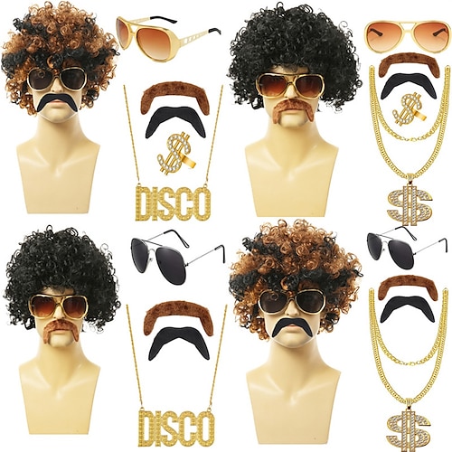 

Disco-Perücke, 5-teiliges Set (Perücke Brille Halskette Schnurrbart), 70er-Jahre-Kostüme, Perücke, Afro-Perücke, kurze lockige, natürliche, flauschige Kunsthaar-Perücke für Halloween-Disco-Party