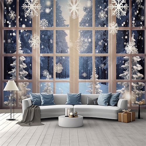 

Christmas Snowflake Window View Hanging Tapestry Wall Art Xmas Large Tapestry Mural Decor Photograph Backdrop Blanket Curtain Home Bedroom Living Room Decoration