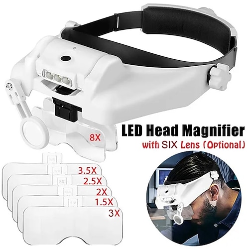 

LED Adjustable Head Wear Magnifier Lighted Magnifying Glass with 6 Lens