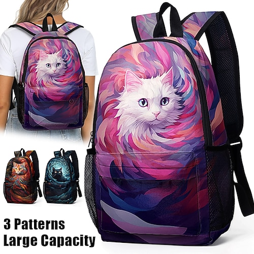 

Women's Backpack School Bag Bookbag 3D Print Commuter Backpack Outdoor Cat Polyester Large Capacity Lightweight Durable Zipper Print Red Blue Purple