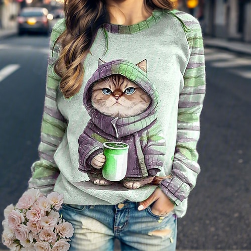 Sudadera de mujer, jersey con estampado de gato, ropa deportiva informal, ropa deportiva activa, divertida, cuello redondo, manga larga, top microelástico para otoño&amp;Tejido suave, transpirable y