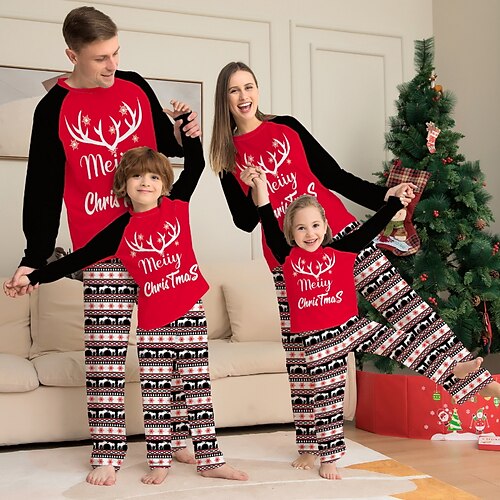 

Famille Noël Pyjamas Pyjamas de Noël mignons Intérieur Imprimer Rouge manche longue Tenues maman et moi Actif Tenues assorties