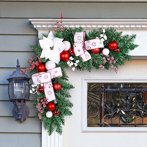 

Corona de esquina de puerta navideña, decoración de ratán, colgante de guirnalda de bolas navideñas 2023