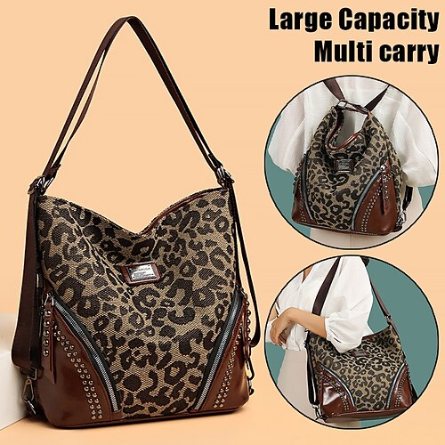 

Damen Umhängetasche Stoffbeutel Schultertasche Hobo Tasche PU-Leder Outdoor Einkauf Täglich Niete Reißverschluss Hohe Kapazität Leichtgewichtig Langlebig Leopard Patchwork Braun-Leopardenmuster