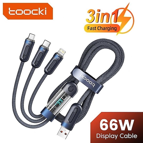 

Toocki 66w 3-en-1 câble d'affichage numérique pour iphone 14 13 12 11 câble micro usb type-c pour samsung huawei xiaomi redmi oppo téléphones mobiles