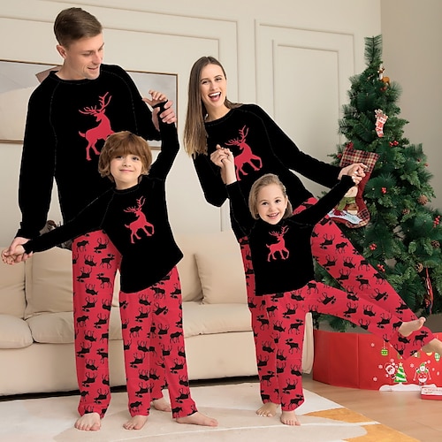 

Famille Noël Pyjamas Plaid Pyjamas de Noël mignons Intérieur Imprimer Noir manche longue Tenues maman et moi Actif Tenues assorties