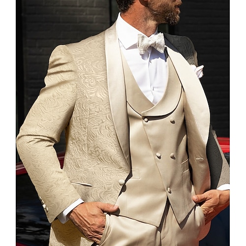 Tuxedo da festa da uomo Completi per il ritorno a casa Champagne floreale Vestibilità su misura 3 pezzi a un bottone