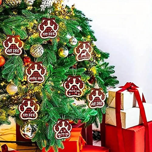 

12 Stück Weihnachts-Hundepfoten-Holzornamente, Hundeornamente für den Weihnachtsbaum, hölzerne Hundepfotenabdrücke, hängende Hundedekoration aus Holz mit Fliegenseilen für Weihnachten, Feiertage,