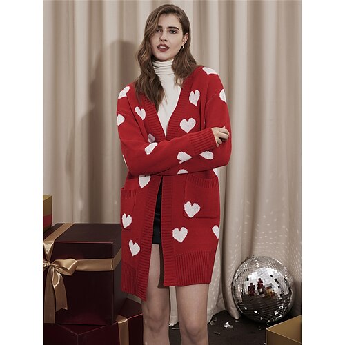 

Mujer Cárdigan Frente Abierto Estriado Tejer Acrílico Bolsillo De Punto Otoño Invierno Largo Exterior Navidad Diario Moda Casual Suave Manga Larga Corazón Rojo S M L