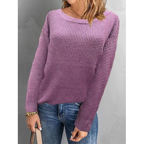 

Damen Pullover Rundhalsausschnitt Waffel Stricken Polyester Strick Herbst Winter Standard Outdoor Täglich Ausgehen Modisch Strassenmode Brautkleider schlicht Langarm Feste Farbe Schwarz Purpur