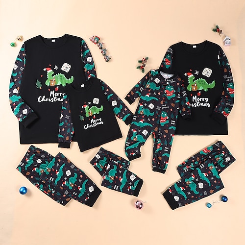 

Famille Noël Pyjamas Coton Animal Bande dessinée Intérieur Imprimer Vert foncé manche longue Tenues maman et moi Actif Tenues assorties