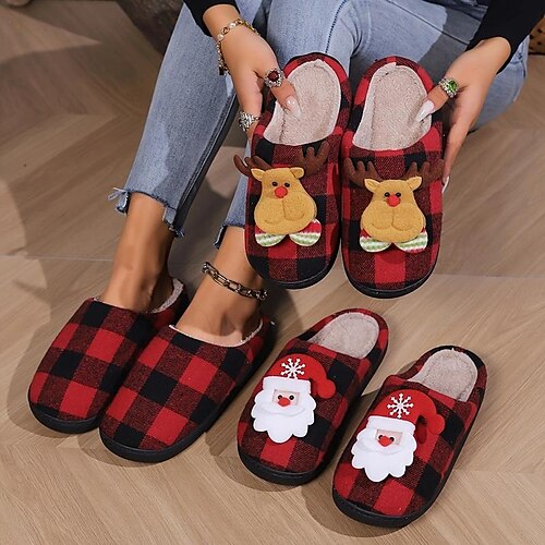 

Zapatillas de felpa con decoración de Papá Noel de dibujos animados, zapatos planos antideslizantes con suela suave, zapatos cálidos para el hogar de felpa de invierno y Navidad, regalo de Navidad