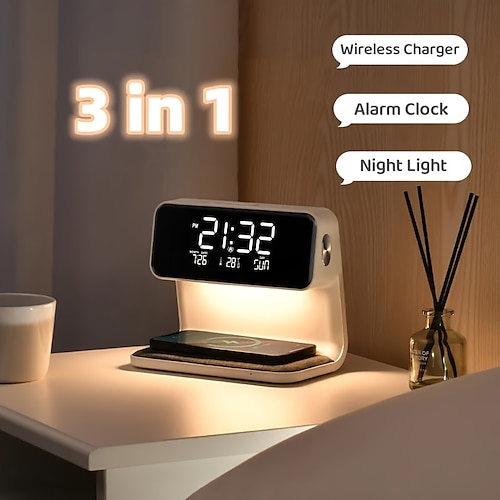 

Wireless Charging LCD Alarm Clock Wireless Phone Charger Creative 3 In 1 Bedside Lamp Night Light Atmosphere Light