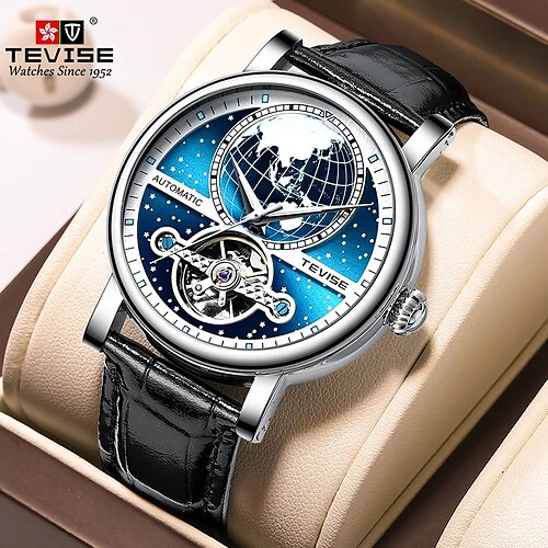 

TEVISE Earth Star Stainless Steel Watch Wristwatch Automatic Mechanical Movement Luminous Water Resistant Leather Strap