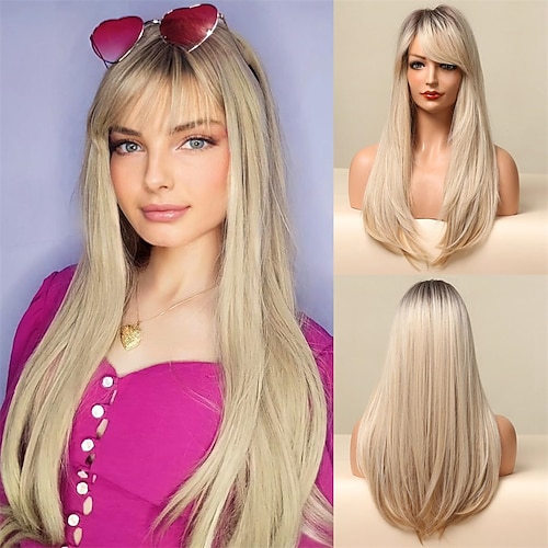 

Blonde Ombre-Perücken mit Pony, glattes langes Haar, platinblonde, hitzebeständige synthetische Perücke mit natürlichem Aussehen für den täglichen Gebrauch