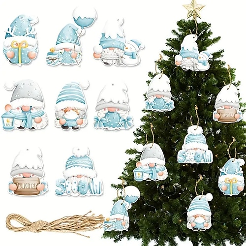 

24pcs Wooden New Year 2024 Blue And White Winter Snowflakes Cute Snowman Theme Party Gathering Holiday Tree Hanging Celebration Home Decorations