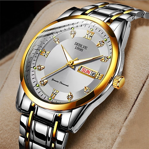 

Nuevo reloj de hombre de marca Deblve con diamantes, calendario luminoso, reloj de cuarzo con pantalla de semana, reloj de pulsera para hombre de negocios con correa de acero resistente al agua