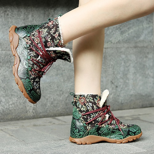 

Mulheres Botas Sapatos Aumentam Altura Botas de inverno sapatos feitos à mão Diário Botas Botas Tornozelo Flor Calcanhar escondido Ponta Redonda Vintage Felpudo Casual Couro Poliester Com Cadarço