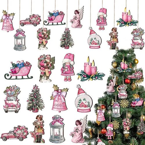 

24 Uds. Colgantes de Papá Noel rosa, conjunto de madera, decoraciones navideñas, decoraciones para el jardín, decoraciones colgantes de madera, suministros para fiesta de Navidad