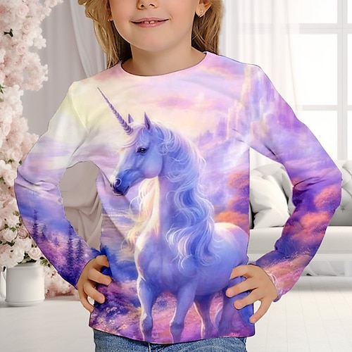 

Para Meninas 3D Unicórnio Camiseta Camisa Rosa Manga Longa Impressão 3D Outono Inverno Ativo Moda Estilo bonito Poliéster Infantil 3-12 anos Gola Redonda Ao ar livre Casual Diário Normal