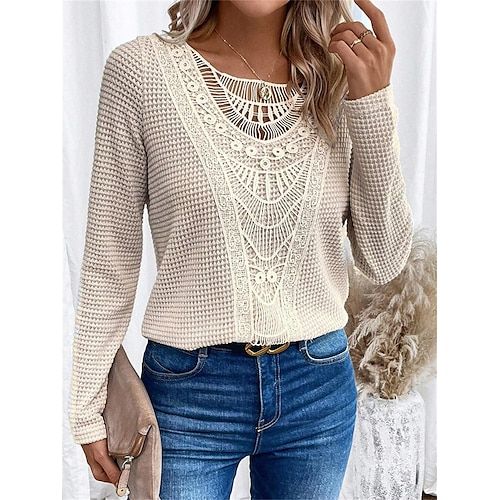 

Mujer Camisa Blusa Texturizado Plano Rosa Azul Piscina Beige Encaje Manga Larga Casual Moda Escote Redondo Ajuste regular Primavera Otoño