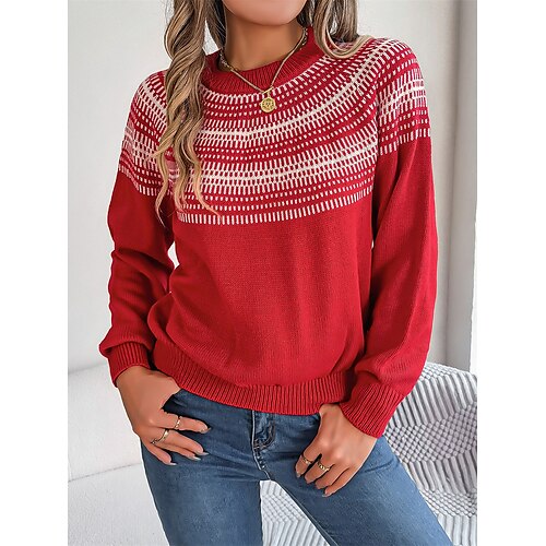 

Mulheres Pulôver suéter Gola Redonda Estriado Tricotar Acrílico Patchwork Outono Inverno Padrão Ao ar livre Diário Para Noite à moda Casual Macia Manga Longa Bloco de cor Preto Vermelho Cáqui S M L