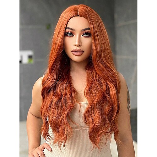 

Synthetic heat resistant wigs long wavy curly medium part orange 26 Inch stylish woman wigs affordable daily wear daily party use beginner friendly