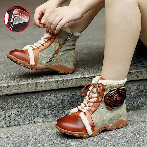 

Women's Boots Winter Boots Handmade Shoes Daily Color Block Booties Ankle Boots Winter Zipper Flower Hidden Heel Round Toe Vintage Casual Comfort Leather Denim Zipper Brown