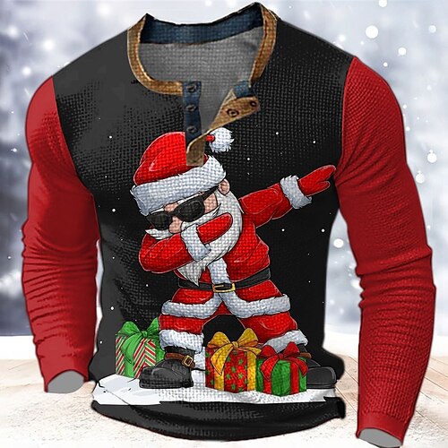 

Graphic Santa Claus Merry Christmas Fashion Designer Casual Men's 3D Print Henley Shirt Waffle T Shirt Sports Outdoor Holiday Festival Christmas T shirt Black Burgundy Red & White Long Sleeve Henley