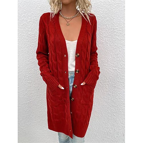 

Gilet Cardigan Femme torsadé Tricoter Col V Polyester Bouton Poche Tricoté Automne Hiver Longue Extérieur du quotidien Sortie Mode Vêtement de rue Décontractées manche longue Couleur unie Noir Jaune