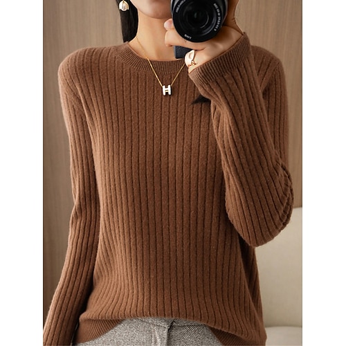 

Pull Femme A côtes Tricoter Col Ras du Cou Laine énorme Automne Hiver Normal Extérieur du quotidien Vacances Elégant Décontractées Flexible manche longue Couleur unie Col en V gris Col en V noir Col