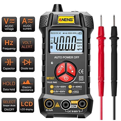 

Portable LCD Smart Digital Multimeter AC/DC Voltage Tester Current Resistance Meter Ammeter Auto Range Multitester with Test Probe Flashlight Professional Tool