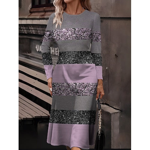 

Mulheres Roupa de inverno Vestido estampado Listra Imprimir Gola Redonda Vestido midi Moda Roupa de rua Ao ar livre Diário Manga Longa Delgado Rosa Azul Roxo Outono Inverno S M L XL XXL