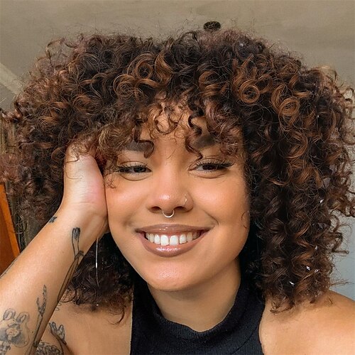 

Fashion Curly Afro Wig with Bangs Short Kinky Curly Wig for Women Synthetic Ombre Brown Curly Wigs Shoulder Length Glueless Afro Wig (1B/30#)