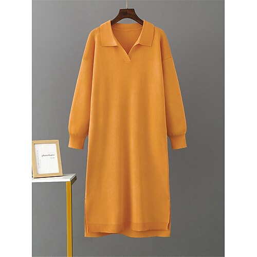 

Women's Sweater Dress Polo Collar Ribbed Knit Polyester Split Knitted Fall Winter Long Outdoor Daily Going out Stylish Casual Soft Long Sleeve Pure Color Blue Fuchsia Orange One-Size