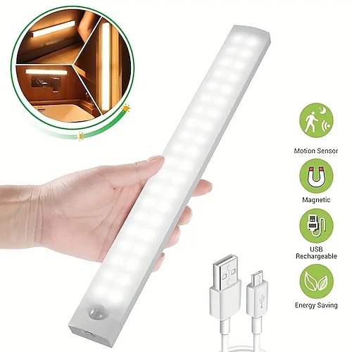 

1 pièce de lumière sous-meuble sans fil avec détecteur de mouvement, barre lumineuse LED à long sens, veilleuse magnétique rechargeable pour couloir, armoire de cuisine, escaliers, couloir, armoire,