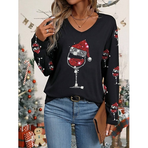 

Christmas Shirt Women's T shirt Tee Sparkly Wine Glass Black Print Long Sleeve Party Christmas Weekend Festival / Holiday V Neck Regular Fit Spring & Fall