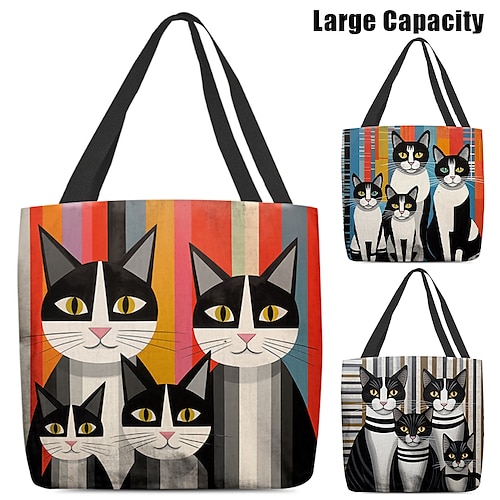 

Mulheres Sacola de Viagem Bolsa de ombro Sacola De Lona Poliéster Ao ar livre Compras Diário Estampado Grande Capacidade Dobrável Leve Gato Personagem Branco / Preto Vermelho Azul